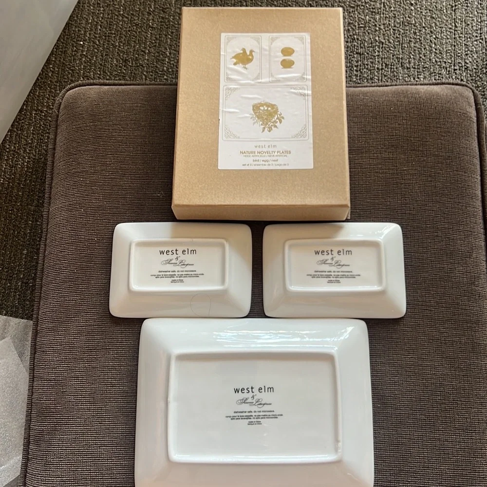 🌴West Elm Sesame Letterpress Discontinued Bird Nest Eggs Plates Set of 3 + Box
